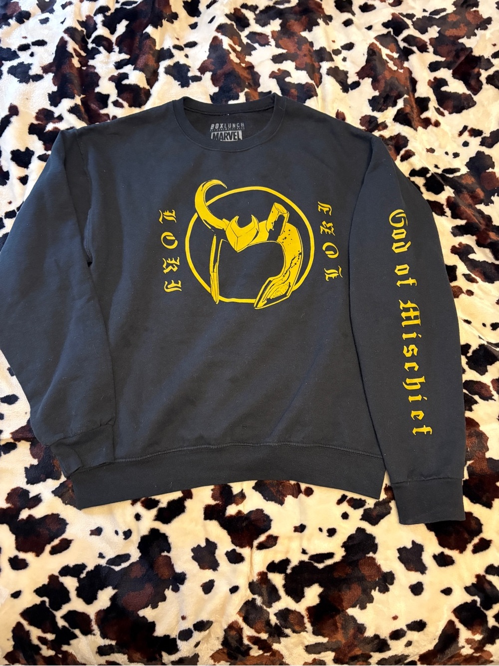 Marvel Loki God of Mischief Black Crewneck Sweatshirt with Yellow Graphic
